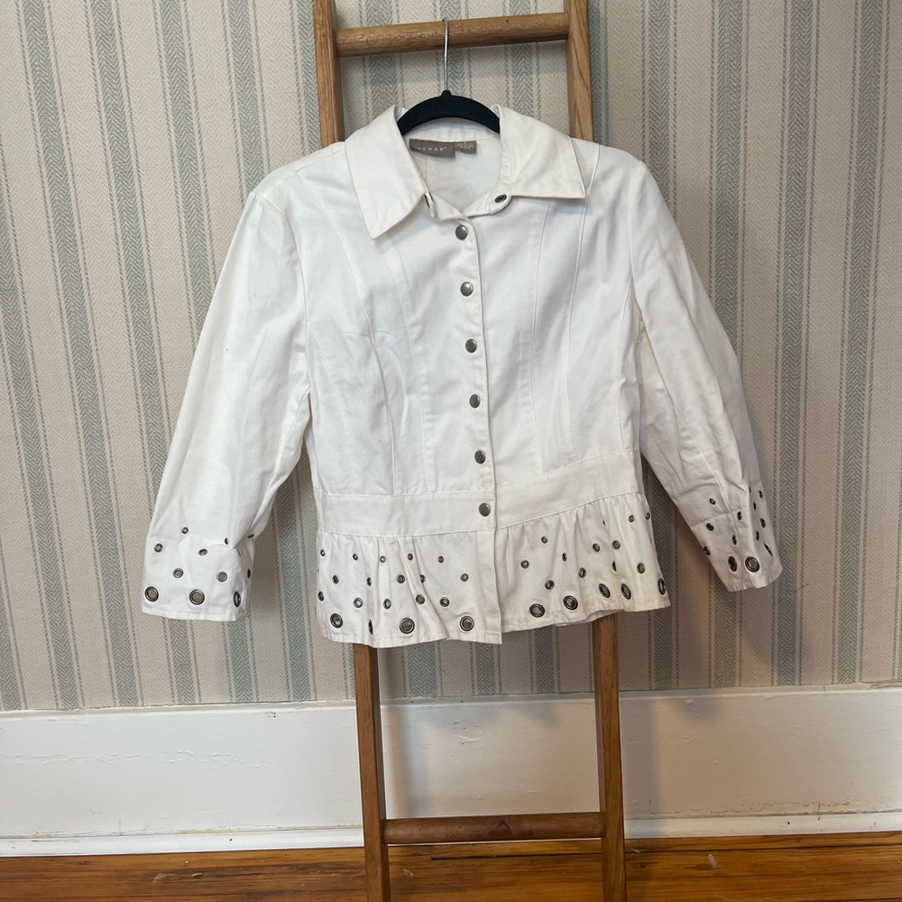 Kenar White Blazer 100% Cotton with Silver Button Details Sz 8